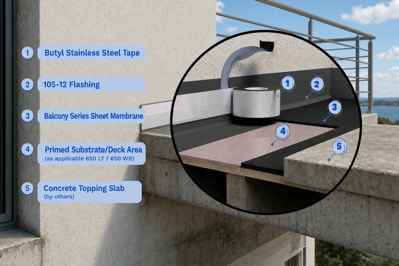 Labeled system detail — balcony transition