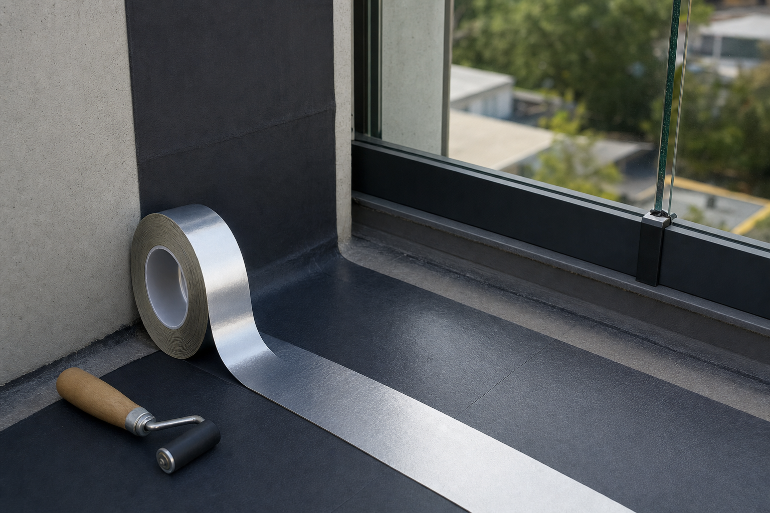 Butyl Stainless Steel Tape over waterproofing at a balcony transition